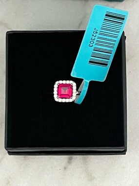 🆕 Sterling Silver Moissanite Halo Ruby Red Corundum Ring size 7 $202 retail